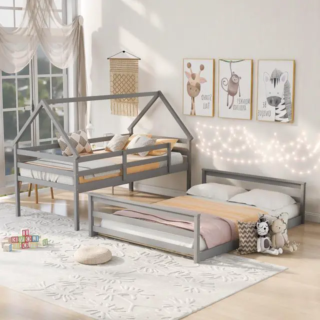 Alt view image 2 of 7 - Twin Over Full House Bunk Bed With Built-In Ladder,Gray