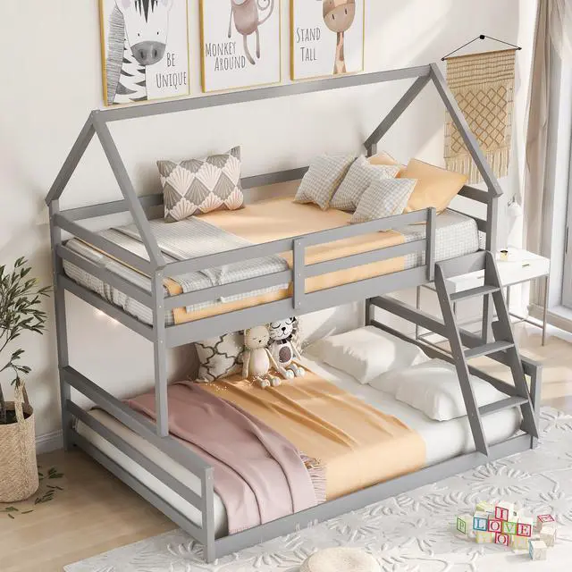 Main image of Twin Over Full House Bunk Bed With Built-In Ladder,Gray