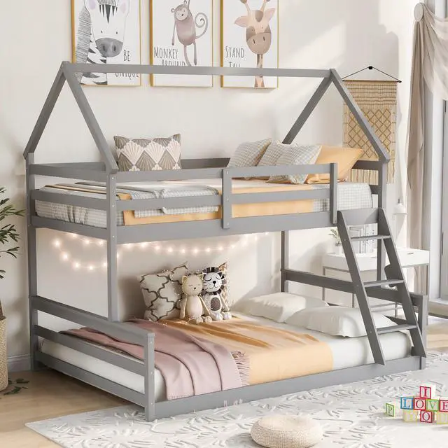 Alt view image 3 of 7 - Twin Over Full House Bunk Bed With Built-In Ladder,Gray