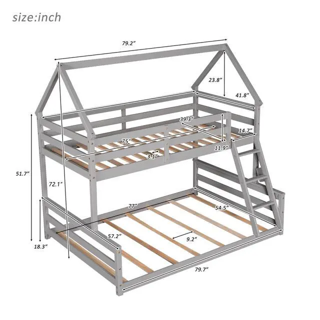 Alt view image 5 of 7 - Twin Over Full House Bunk Bed With Built-In Ladder,Gray