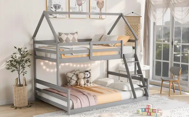 Alt view image 4 of 7 - Twin Over Full House Bunk Bed With Built-In Ladder,Gray