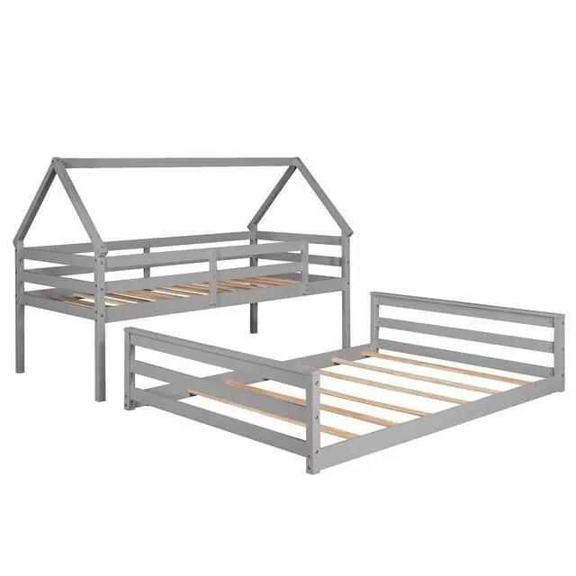 Alt view image 6 of 7 - Twin Over Full House Bunk Bed With Built-In Ladder,Gray