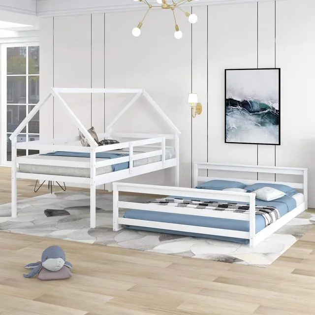 Alt view image 3 of 7 - Twin Over Full House Bunk Bed With Built-In Ladder,White