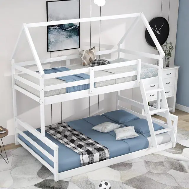 Main image of Twin Over Full House Bunk Bed With Built-In Ladder,White