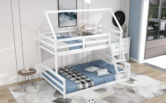 Alt view image 5 of 7 - Twin Over Full House Bunk Bed With Built-In Ladder,White