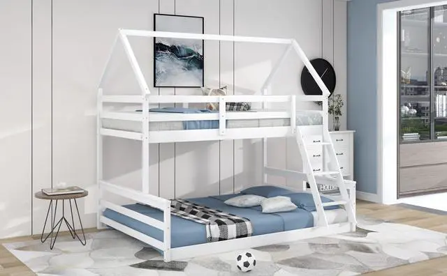Alt view image 6 of 7 - Twin Over Full House Bunk Bed With Built-In Ladder,White