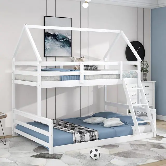 Alt view image 2 of 7 - Twin Over Full House Bunk Bed With Built-In Ladder,White