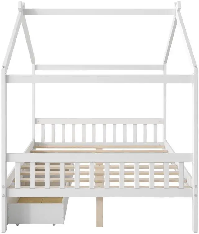 Main image of Full Size House Platform Bed With Two Drawers,Headboard And Footboard,Roof Design,White