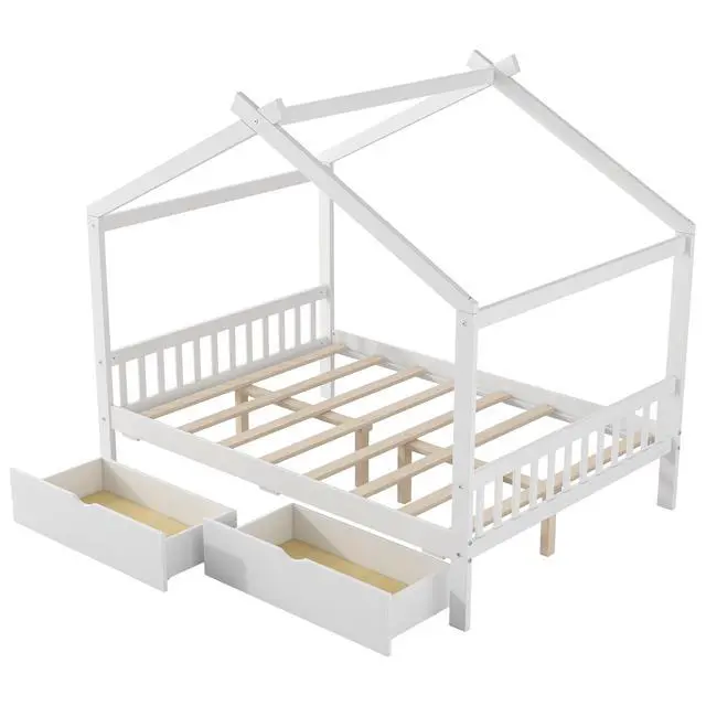 Alt view image 6 of 7 - Full Size House Platform Bed With Two Drawers,Headboard And Footboard,Roof Design,White