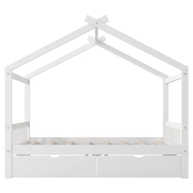 Alt view image 7 of 7 - Full Size House Platform Bed With Two Drawers,Headboard And Footboard,Roof Design,White