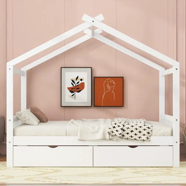 Alt view image 2 of 7 - Full Size House Platform Bed With Two Drawers,Headboard And Footboard,Roof Design,White