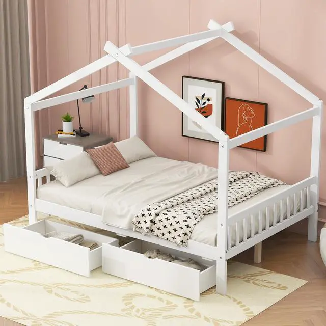 Alt view image 5 of 7 - Full Size House Platform Bed With Two Drawers,Headboard And Footboard,Roof Design,White