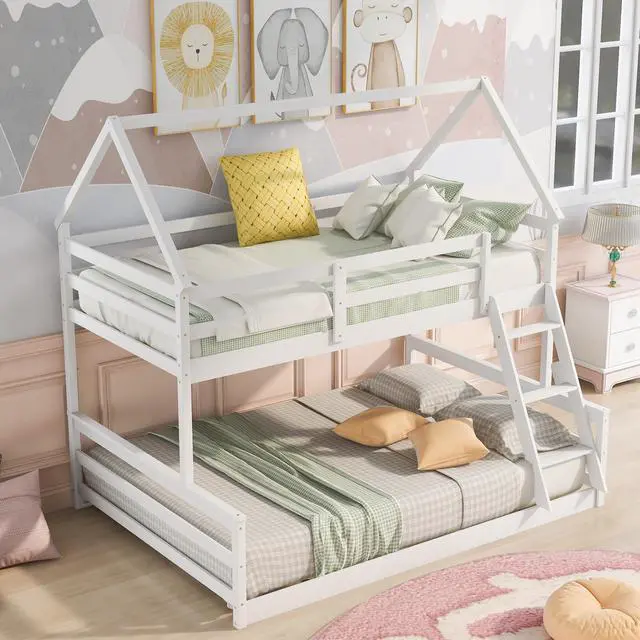 Alt view image 7 of 7 - Twin Over Full House Bunk Bed With Built-In Ladder,White