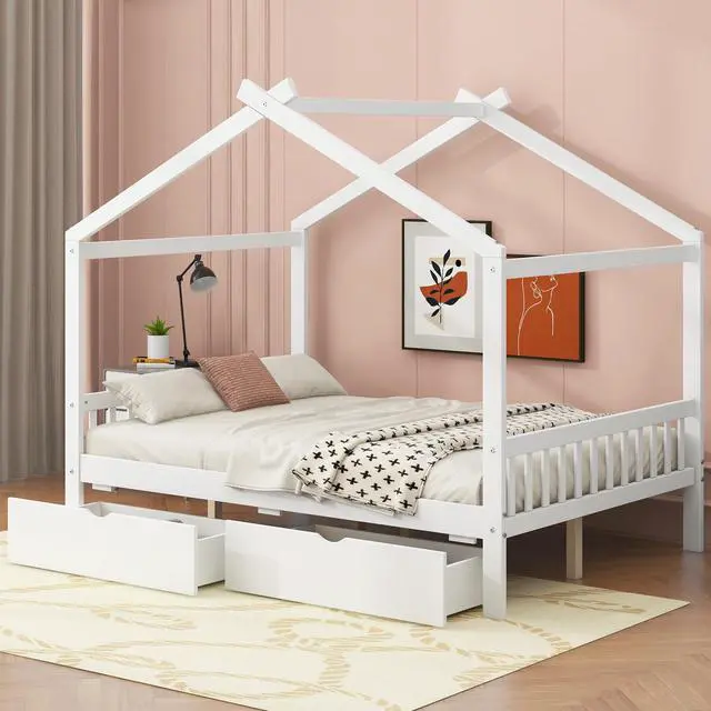 Alt view image 4 of 7 - Full Size House Platform Bed With Two Drawers,Headboard And Footboard,Roof Design,White