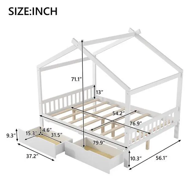 Alt view image 3 of 7 - Full Size House Platform Bed With Two Drawers,Headboard And Footboard,Roof Design,White