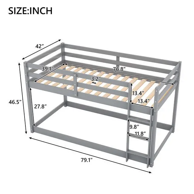 Alt view image 3 of 7 - Twin Over Twin Floor Bunk Bed With Ladder , Gray(Old Sku:Wf281727Aae/Wf286602Aae)