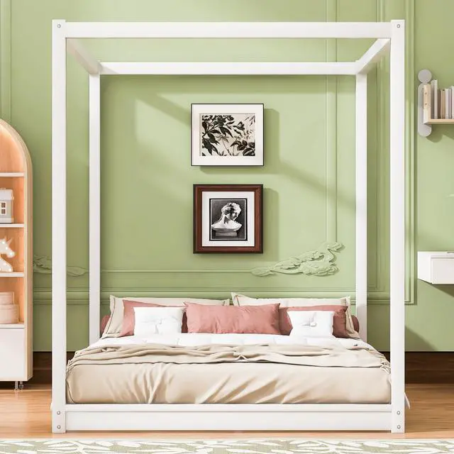 Alt view image 5 of 7 - Queen Size Canopy Platform Bed With Support Legs,White