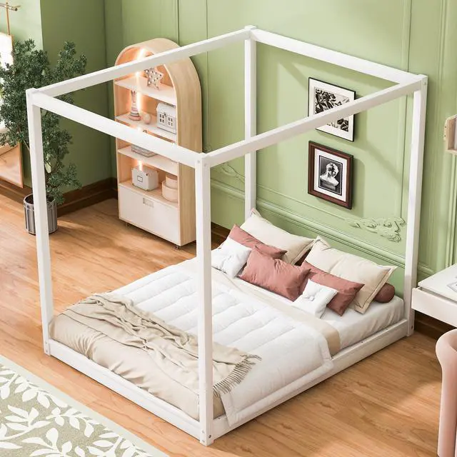 Alt view image 2 of 7 - Queen Size Canopy Platform Bed With Support Legs,White