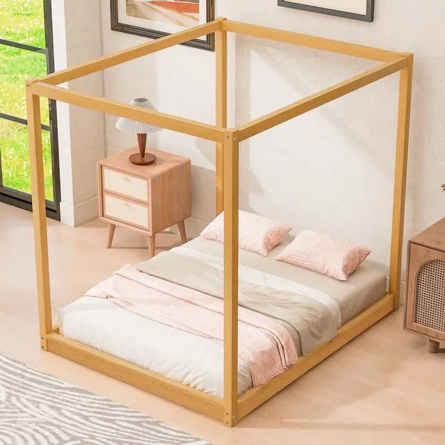 Alt view image 2 of 7 - Queen Size Canopy Platform Bed With Support Legs,Natural
