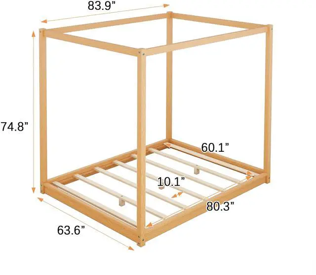 Alt view image 3 of 7 - Queen Size Canopy Platform Bed With Support Legs,Natural