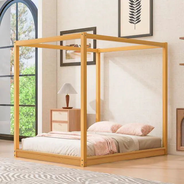 Alt view image 4 of 7 - Queen Size Canopy Platform Bed With Support Legs,Natural