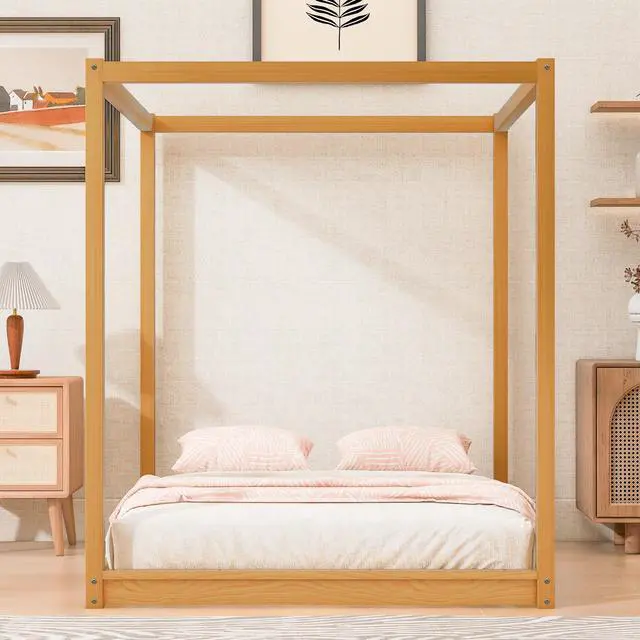 Alt view image 5 of 7 - Queen Size Canopy Platform Bed With Support Legs,Natural