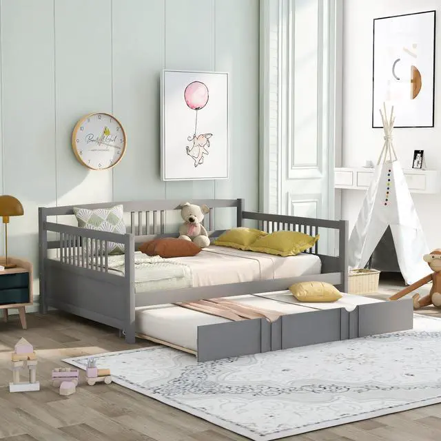 Main image of Full Size Daybed Wood Bed With Twin Size Trundle,Gray