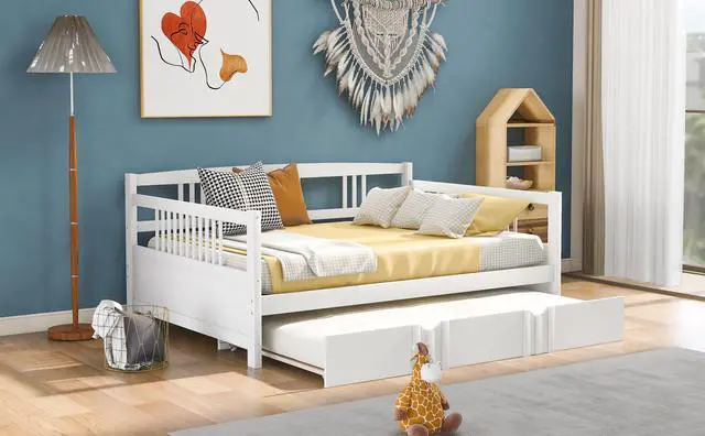 Alt view image 3 of 7 - Full Size Daybed Wood Bed With Twin Size Trundle,White