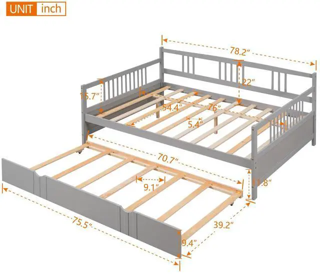 Alt view image 7 of 7 - Full Size Daybed Wood Bed With Twin Size Trundle,Gray