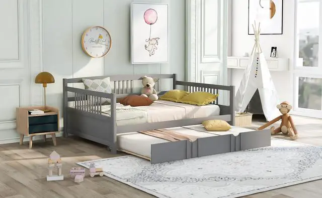Alt view image 3 of 7 - Full Size Daybed Wood Bed With Twin Size Trundle,Gray