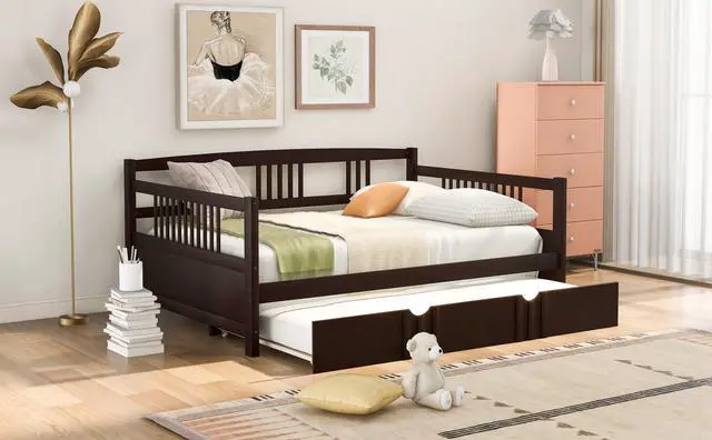Alt view image 3 of 7 - Full Size Daybed Wood Bed With Twin Size Trundle,Espresso
