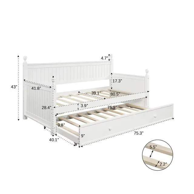 Alt view image 3 of 7 - Twin Size Wood Daybed With Twin Size Trundle (White)