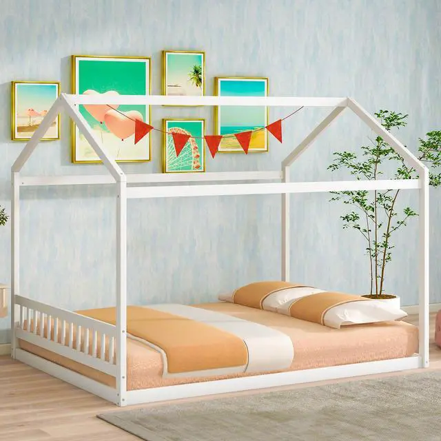 Alt view image 2 of 7 - Queen Size Wooden House Bed With Headboard,White