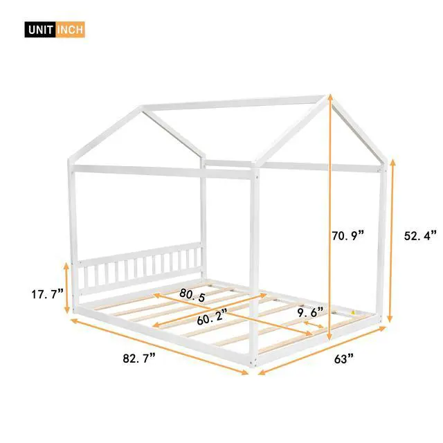 Alt view image 3 of 7 - Queen Size Wooden House Bed With Headboard,White