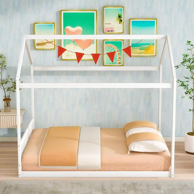Alt view image 4 of 7 - Queen Size Wooden House Bed With Headboard,White