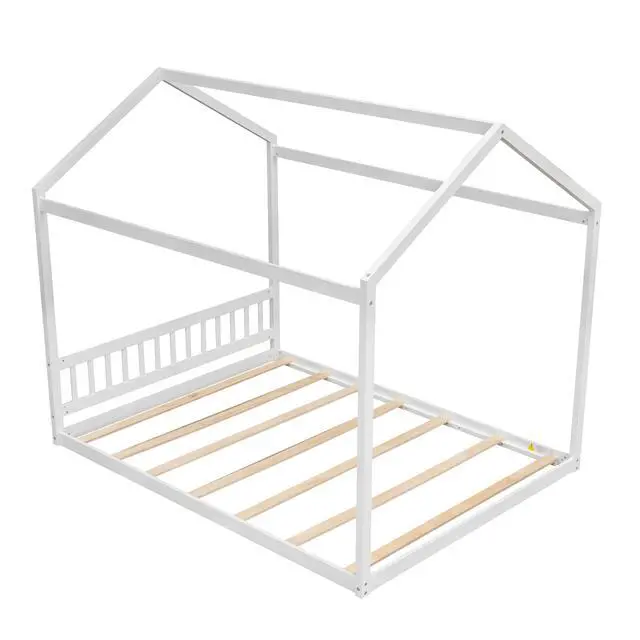 Alt view image 6 of 7 - Queen Size Wooden House Bed With Headboard,White