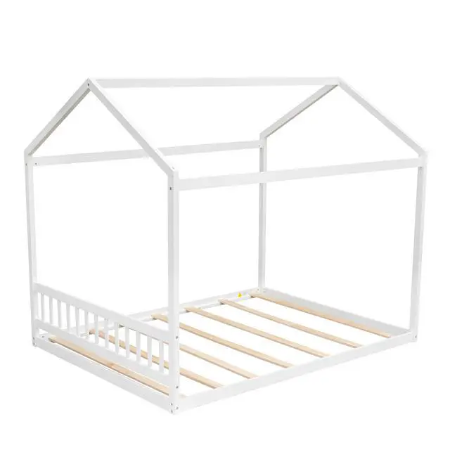 Alt view image 5 of 7 - Queen Size Wooden House Bed With Headboard,White