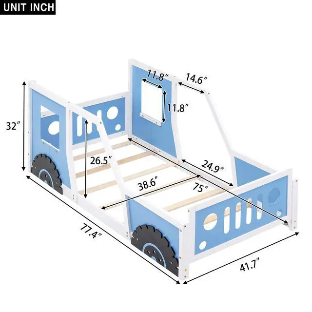 Alt view image 3 of 7 - Twin Size Classic Car-Shaped Platform Bed With Wheels,Blue