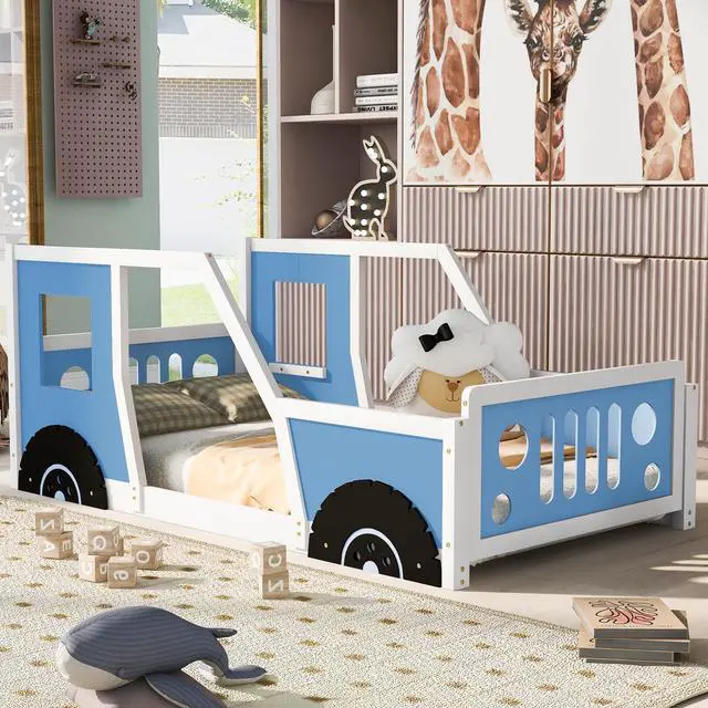 Alt view image 2 of 7 - Twin Size Classic Car-Shaped Platform Bed With Wheels,Blue