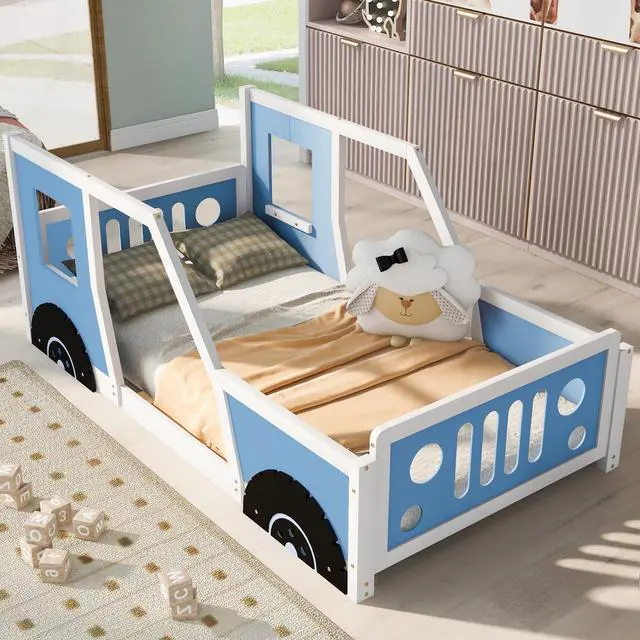 Alt view image 4 of 7 - Twin Size Classic Car-Shaped Platform Bed With Wheels,Blue