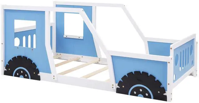 Alt view image 6 of 7 - Twin Size Classic Car-Shaped Platform Bed With Wheels,Blue