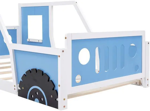 Alt view image 7 of 7 - Twin Size Classic Car-Shaped Platform Bed With Wheels,Blue