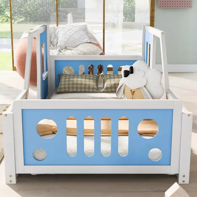 Alt view image 5 of 7 - Twin Size Classic Car-Shaped Platform Bed With Wheels,Blue