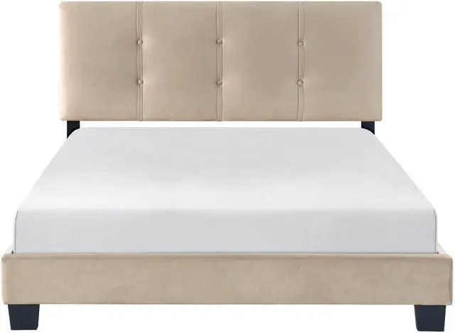 Alt view image 2 of 7 - 1Pc Full Platform Bed Light Brown Velvet Upholstered Adjustable Height Headboard Button Tufted Solid Wood Bedroom Furniture