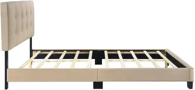 Alt view image 7 of 7 - 1Pc Queen Platform Bed Light Brown Velvet Upholstered Adjustable Height Headboard Button Tufted Solid Wood Bedroom Furniture