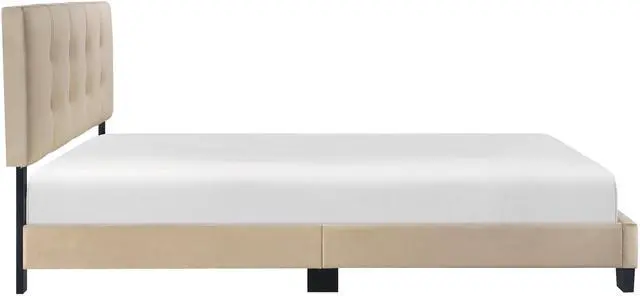 Alt view image 6 of 7 - 1Pc Queen Platform Bed Light Brown Velvet Upholstered Adjustable Height Headboard Button Tufted Solid Wood Bedroom Furniture