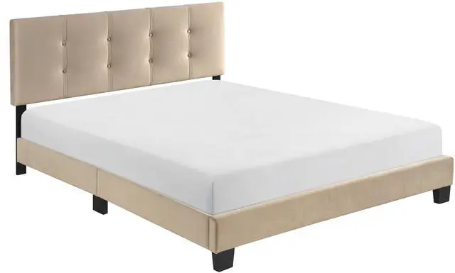 Alt view image 4 of 7 - 1Pc Queen Platform Bed Light Brown Velvet Upholstered Adjustable Height Headboard Button Tufted Solid Wood Bedroom Furniture