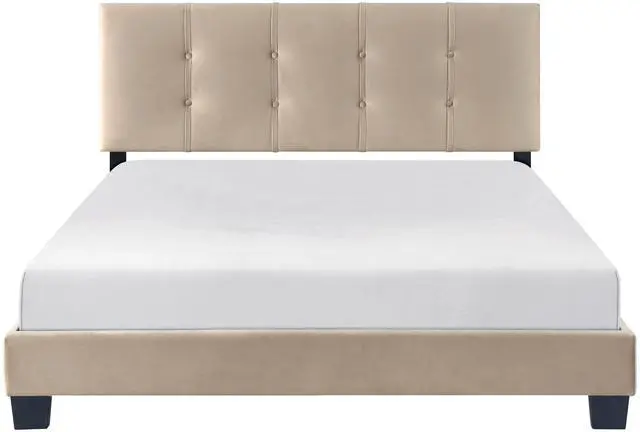 Alt view image 2 of 7 - 1Pc Queen Platform Bed Light Brown Velvet Upholstered Adjustable Height Headboard Button Tufted Solid Wood Bedroom Furniture