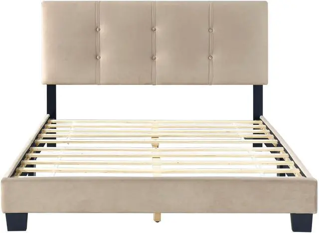 Alt view image 3 of 7 - 1Pc Full Platform Bed Light Brown Velvet Upholstered Adjustable Height Headboard Button Tufted Solid Wood Bedroom Furniture