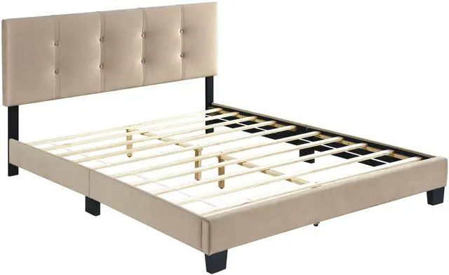 Alt view image 5 of 7 - 1Pc Queen Platform Bed Light Brown Velvet Upholstered Adjustable Height Headboard Button Tufted Solid Wood Bedroom Furniture